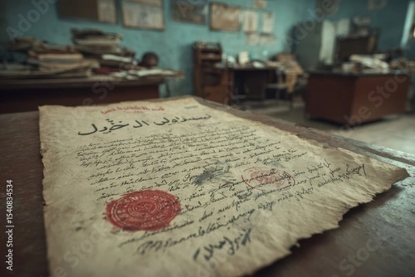 Obraz An old, historical document with Arabic script and a prominent red wax seal, laying on a wooden surface in a cluttered room, suggesting a sense of mystery.