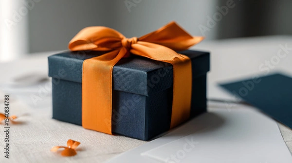 Obraz Dark Blue Gift Box with Orange Ribbon and Stationery Flatlay