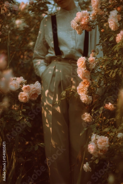 Fototapeta Vintage Garden Style with Roses and High-Waisted Trousers
A soft, nostalgic composition showing a young person in beige high-waisted trousers with suspenders, standing among blooming pale roses. 