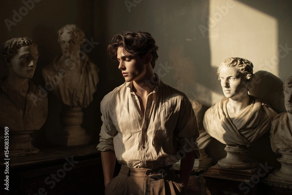 Fototapeta  Melancholic Young Man Among Antique Statues
A young man with classic features and a pensive gaze stands in an old-world interior surrounded by plaster busts.  