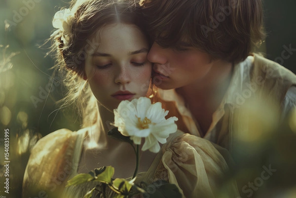 Fototapeta reamy Couple in a Summer Garden with a White Flower
A romantic scene of a young couple in a sunlit garden, the girl in a soft yellow dress gently smelling a white flower while the boy leans close 
