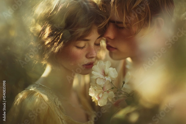 Fototapeta reamy Couple in a Summer Garden with a White Flower
A romantic scene of a young couple in a sunlit garden, the girl in a soft yellow dress gently smelling a white flower while the boy leans close 