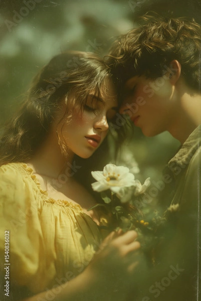 Fototapeta reamy Couple in a Summer Garden with a White Flower
A romantic scene of a young couple in a sunlit garden, the girl in a soft yellow dress gently smelling a white flower while the boy leans close 