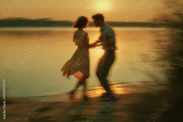 Fototapeta  Blurred Couple Dancing at Sunset by the Water
A poetic scene of a couple dancing near a calm lake at sunset, their silhouettes slightly blurred in motion, evoking nostalgic summer romance 