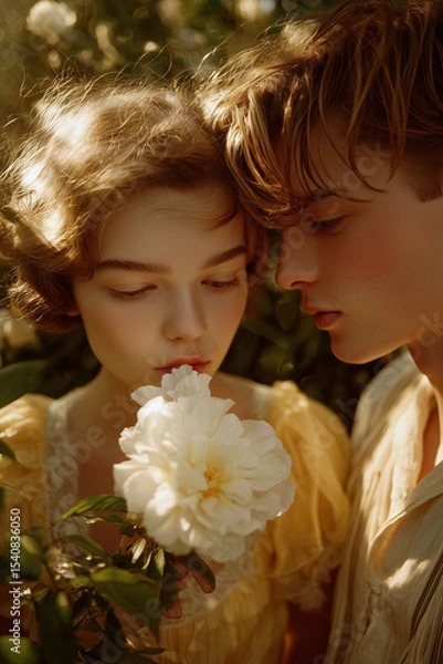 Fototapeta reamy Couple in a Summer Garden with a White Flower
A romantic scene of a young couple in a sunlit garden, the girl in a soft yellow dress gently smelling a white flower while the boy leans close 