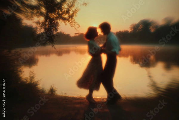 Fototapeta  Blurred Couple Dancing at Sunset by the Water
A poetic scene of a couple dancing near a calm lake at sunset, their silhouettes slightly blurred in motion, evoking nostalgic summer romance 