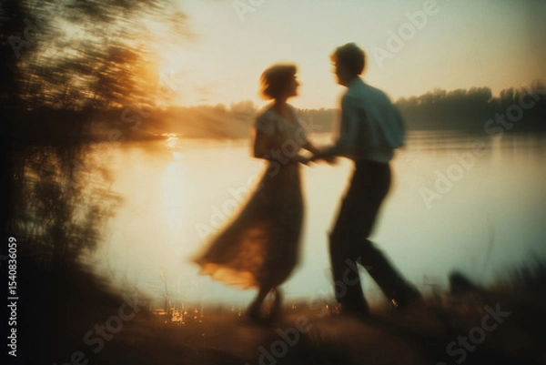 Fototapeta  Blurred Couple Dancing at Sunset by the Water
A poetic scene of a couple dancing near a calm lake at sunset, their silhouettes slightly blurred in motion, evoking nostalgic summer romance 
