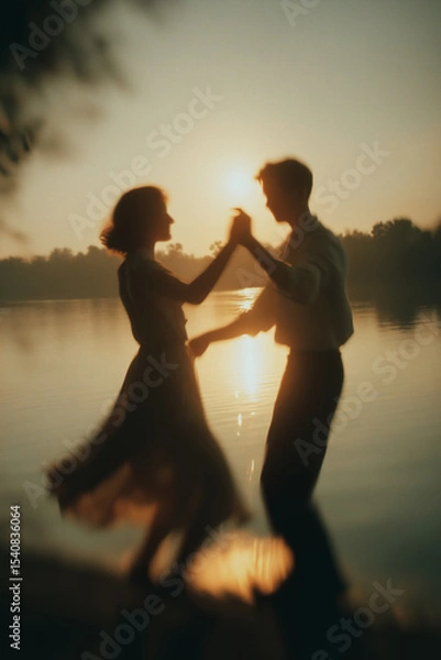 Fototapeta  Blurred Couple Dancing at Sunset by the Water
A poetic scene of a couple dancing near a calm lake at sunset, their silhouettes slightly blurred in motion, evoking nostalgic summer romance 