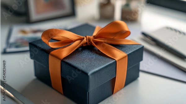 Obraz Dark Blue Gift Box with Orange Ribbon and Stationery Flatlay