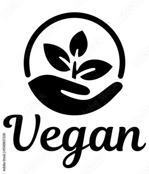 Fototapeta Vegan vector logo with leaf and hand, circle vegan logo with leaves, simple green vegan button, vegan vector badge.