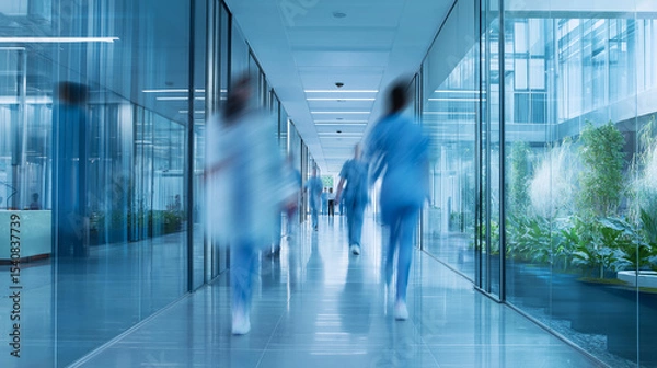 Fototapeta Blurred medical professionals move quickly through a modern hospital hallway, conveying urgency and activity.
