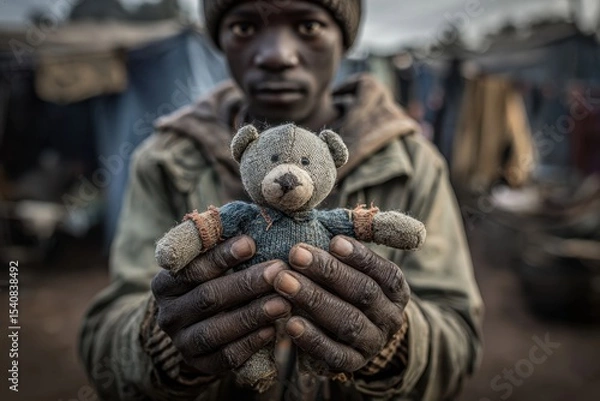 Obraz A melancholic portrait of a young boy clutching a worn teddy bear, conveying themes of poverty, loss, childhood innocence, and the resilience of the human spirit.