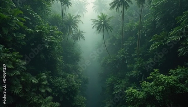 Fototapeta Dense tropical rainforest canopy with tall trees, foliage, rising mist undergrowth. Lush jungle scene, green plants, palm trees. Wilderness natural environment photo for eco travel, tourism.