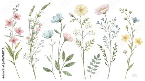 Obraz Watercolor botanical illustration of delicate wildflowers and greenery