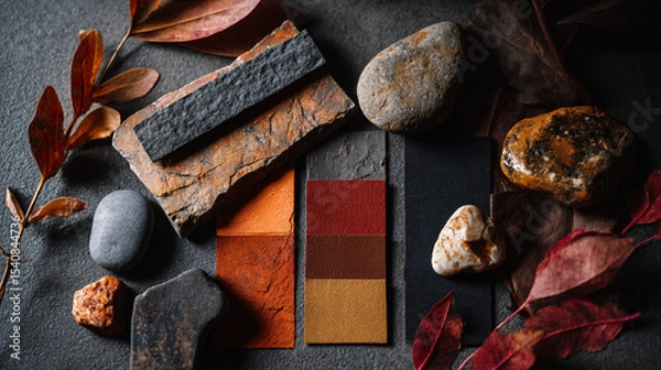 Obraz Dark and Orange Color Palette Flatlay with Stones and Autumn Leaves