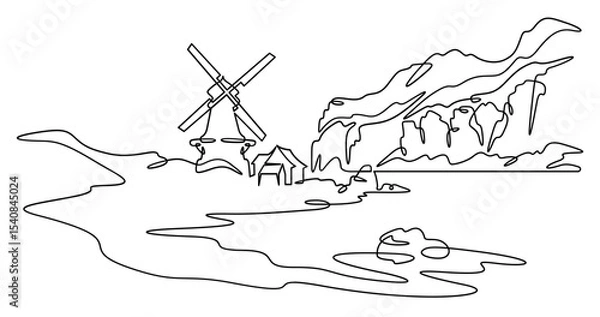 Fototapeta Continuous one line drawing mill on the river bank. Windmill. Old mill against the backdrop of hills. One continuous line isolated minimal illustration.Not AI.