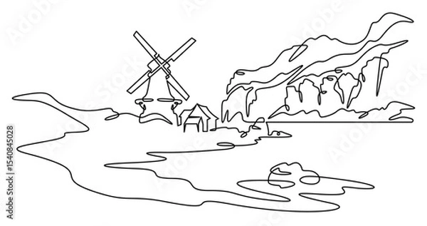 Fototapeta Continuous one line drawing mill on the river bank. Windmill. Old mill against the backdrop of hills. One continuous line isolated minimal illustration.Not AI.