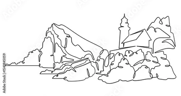 Obraz Continuous one line drawing lighthouse on a rocky cliff. Lighthouse on the seashore.One continuous line isolated minimal illustration.Not AI.
