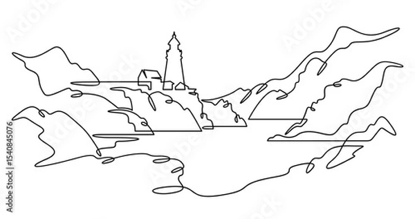 Fototapeta Continuous one line drawing lighthouse on a rocky cliff. Lighthouse on the seashore.One continuous line isolated minimal illustration.Not AI.