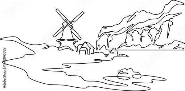 Fototapeta Continuous one line drawing mill on the river bank. Windmill. Old mill against the backdrop of hills. One continuous line isolated minimal illustration.Not AI.