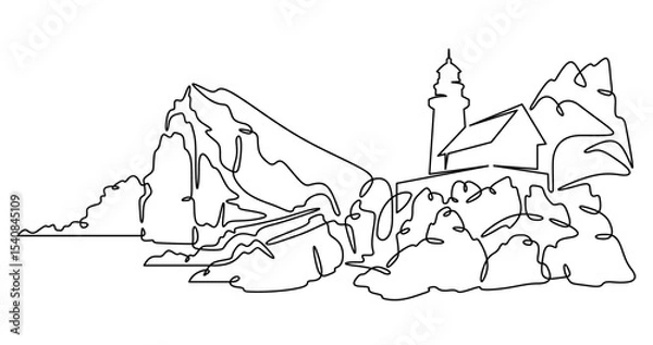 Fototapeta Continuous one line drawing lighthouse on a rocky cliff. Lighthouse on the seashore.One continuous line isolated minimal illustration.Not AI.