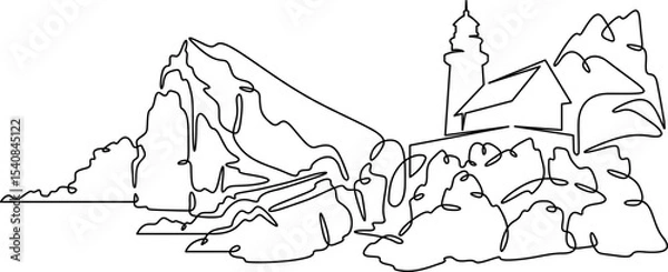 Fototapeta Continuous one line drawing lighthouse on a rocky cliff. Lighthouse on the seashore.One continuous line isolated minimal illustration.Not AI.
