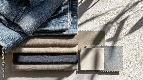Obraz Washed Denim and Neutral Fabric Texture Flatlay