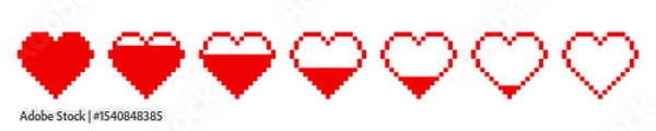 Obraz Pixelated red heart icons in sequence from full to empty. 8-bit style symbols on white background.
 Gaming health bar and life point indicator concept for design and print