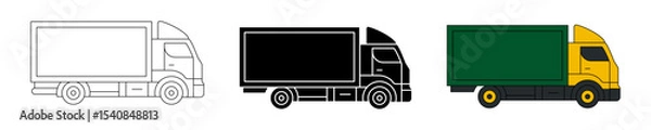 Fototapeta Three side-view truck vector illustrations in different styles: outline, silhouette, and colored version with yellow cabin and green cargo box
