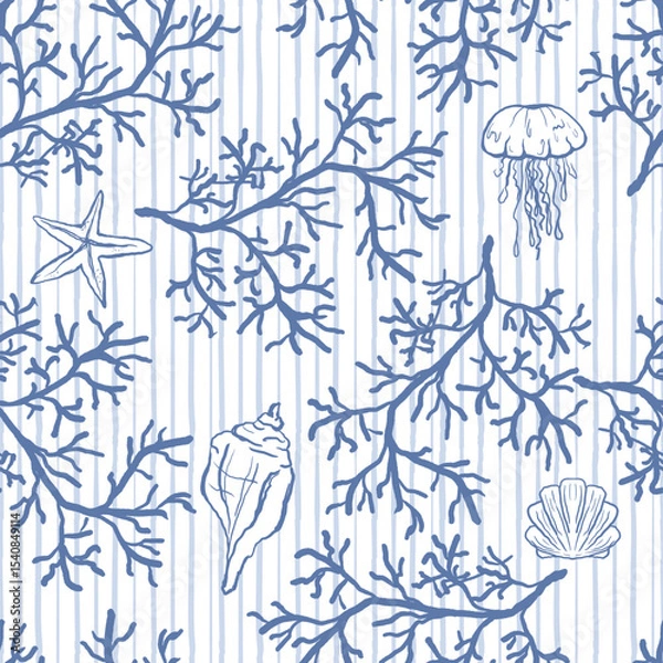 Fototapeta Coral seamless pattern background in modern style in blue and white colors. Organic algae striped background. Vector design for textile, wrapping paper, greeting cards