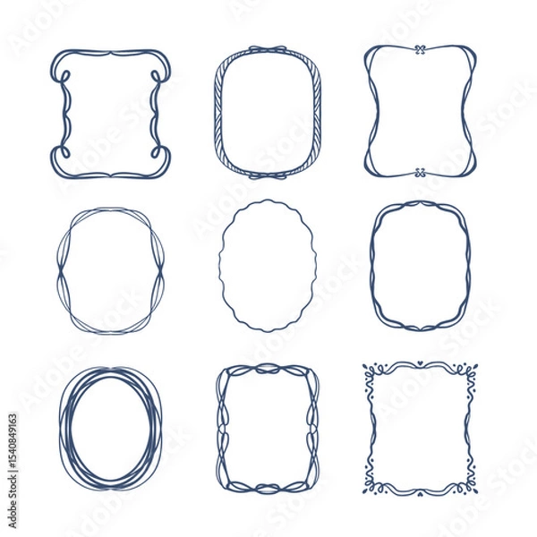 Fototapeta Set of blue line frames with curls and wavy stroke. Collection of vertical blank templates to decorate text. Greeting or wedding frames.