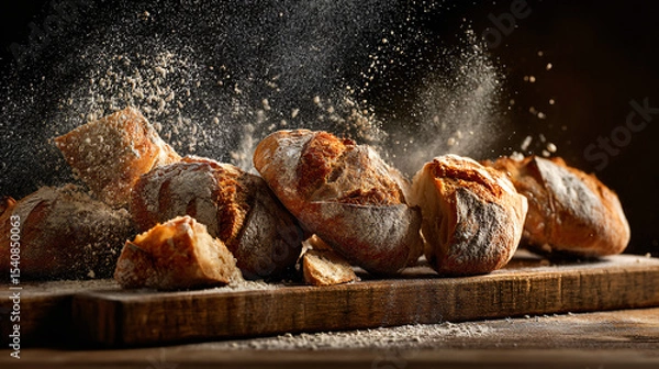 Obraz Artisan Bread Explosion on Rustic Wooden Board