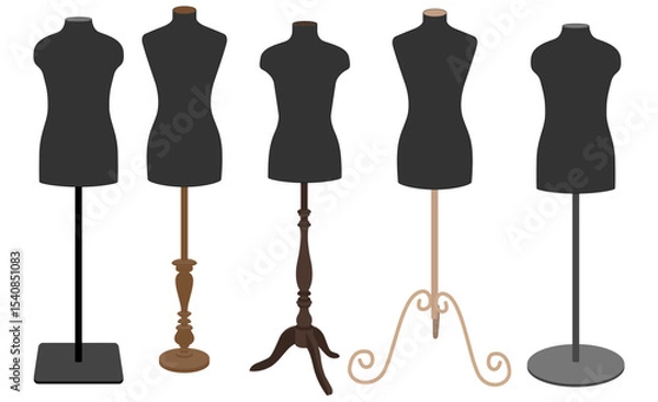Fototapeta Vector illustration of five black tailor dress forms with different wooden and metal stands. Front view. Horizontal orientation. Ideal for fashion design, sewing, or retail display projects.