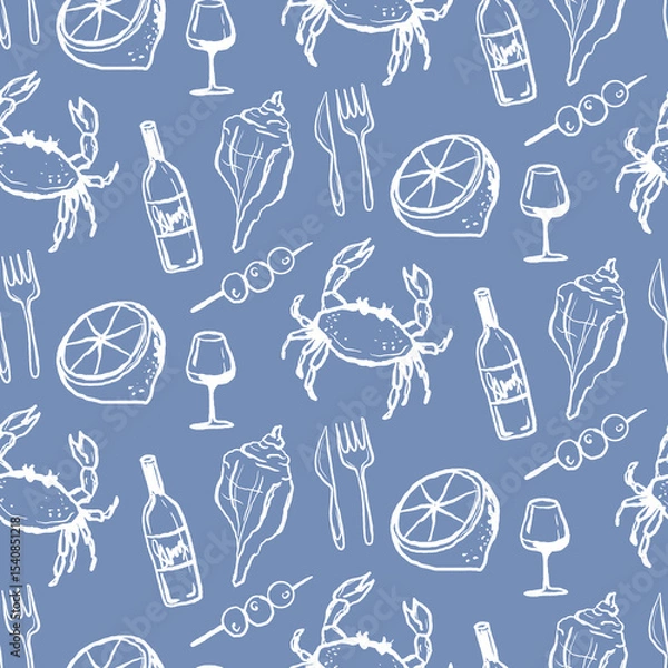Fototapeta Sea food vacation seamless pattern. Wine, crab, seashells and lemon hand drawn illustration. Design for textile, paper wrap restaurant and menu