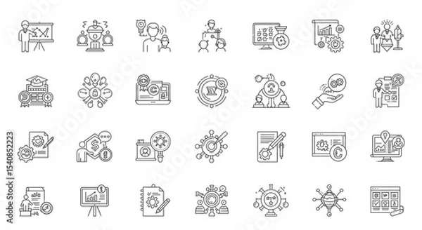 Fototapeta A collection of line art icons representing business concepts and strategic planning elements in black and white