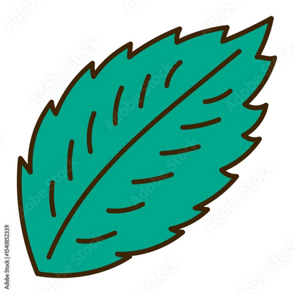 Obraz Single mint leaf hand drawn illustration, isolated vector. Line art style design. Summer clip art, seasonal element, print. Cocktail garnish, beach bar, pool party. Aromatic herb, cooking, baking