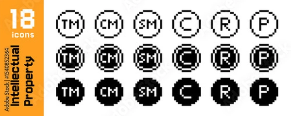 Fototapeta Pixel intellectual property icons set with trademark, copyright, registered and patent symbols in black and white