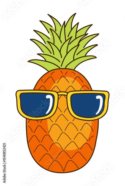Obraz Pineapple with sunglasses hand drawn illustration, isolated vector. Line art style design. Summer clip art, seasonal element, print. Tropical fruit, exotic food, funny cartoon character, symbol