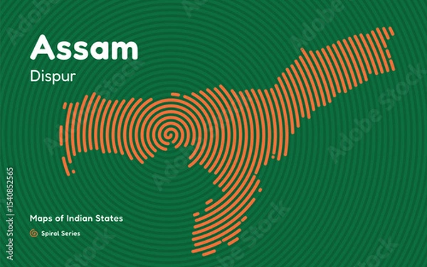 Fototapeta Spiral Line Map of Assam with Capital Dispur – Tea and Oil Region of India