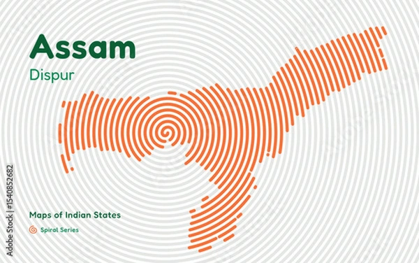 Fototapeta Spiral Line Map of Assam with Capital Dispur – Tea and Oil Region of India