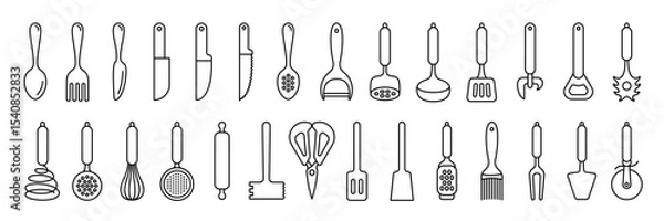 Fototapeta Kitchenware icon set. Black line vector kitchen utensils, tools and cutlery. Whisk, slotted spoon, scissors, ladle and spatula. Sieve, knife, spoon, fork, peeler and opener