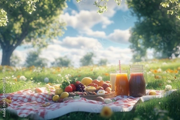 Obraz Picnic setup with fresh fruits smoothies and nuts