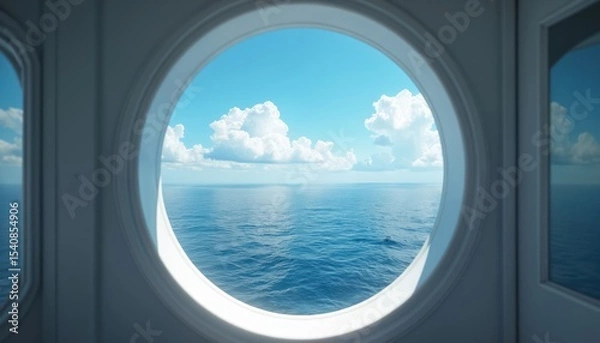 Fototapeta Ocean view through a round window on a ship. Blue sky with puffy white clouds over calm blue sea. Maritime travel and cruise vacation concept. Voyage and journey dream.