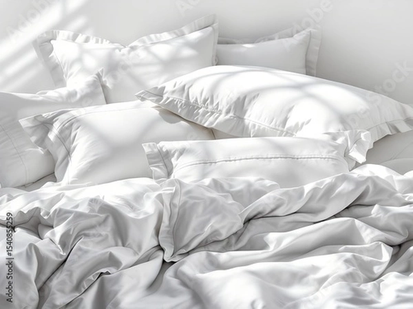 Fototapeta White rumpled bedding mockup with pillows in natural sunlight