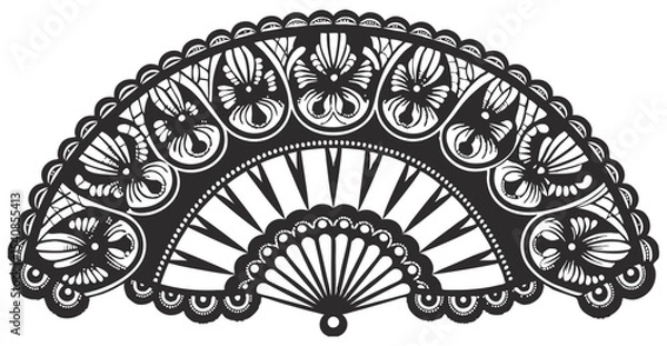 Fototapeta Vintage line art fan design with symmetrical swirls, scrolls, flourishes, arabesques. Used in decorative layouts, branding, packaging or label ornaments