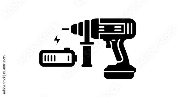 Fototapeta Illustration of a black cordless drill with a battery pack and charging symbol on a white background