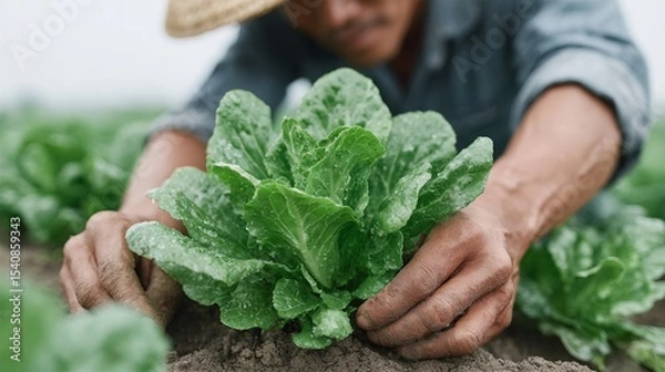 Obraz A man is tending to a garden of lettuce