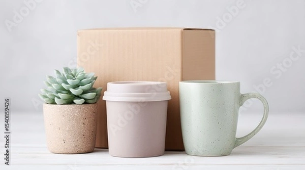 Obraz A box with a plant and two cups sits on a table