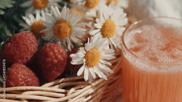 Obraz A basket of strawberries and daisies sits next to a glass of juice