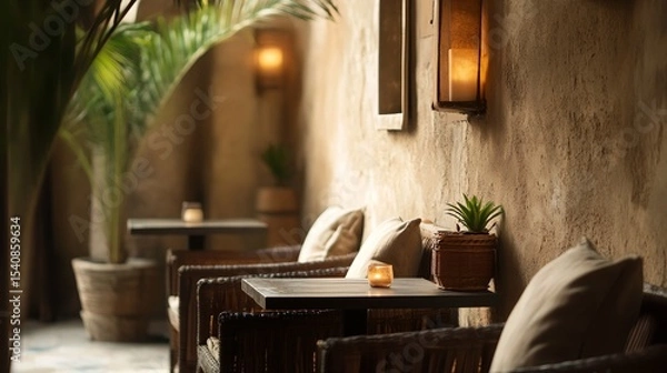 Obraz A patio with a few chairs and a table with candles on it
